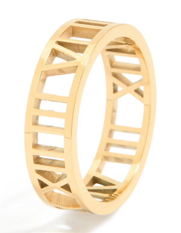Waterproof gold plated stainless steel cut-out Roman numeral ring in chunky style side detail view