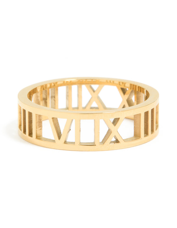 Waterproof Gold Plated Stainless Steel Cut Out Roman Numeral Ring