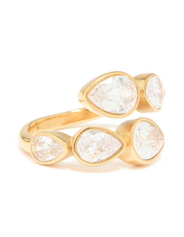Explore the elegant design of this waterproof gold plated stainless steel wrap ring with pear cut cubic zirconia stones close up view