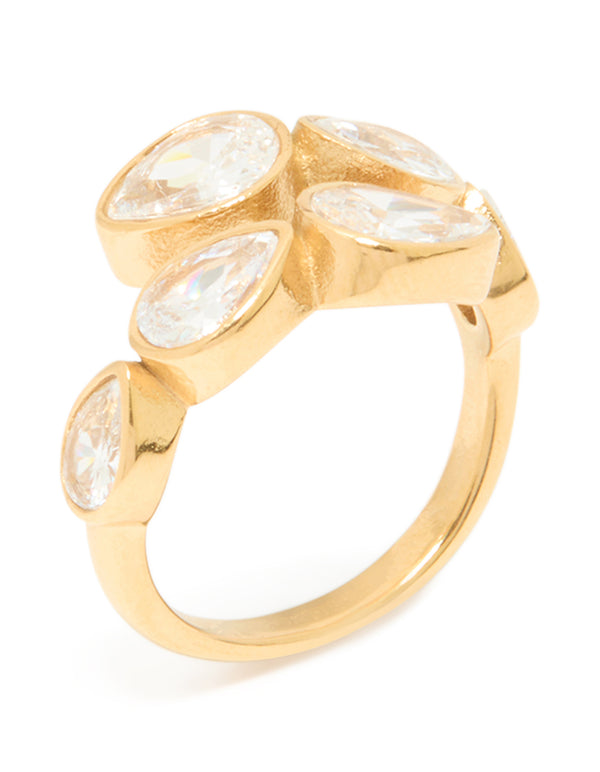 Capturing fine craftsmanship, this waterproof gold plated stainless steel wrap ring showcases pear cut cubic zirconia side detail view