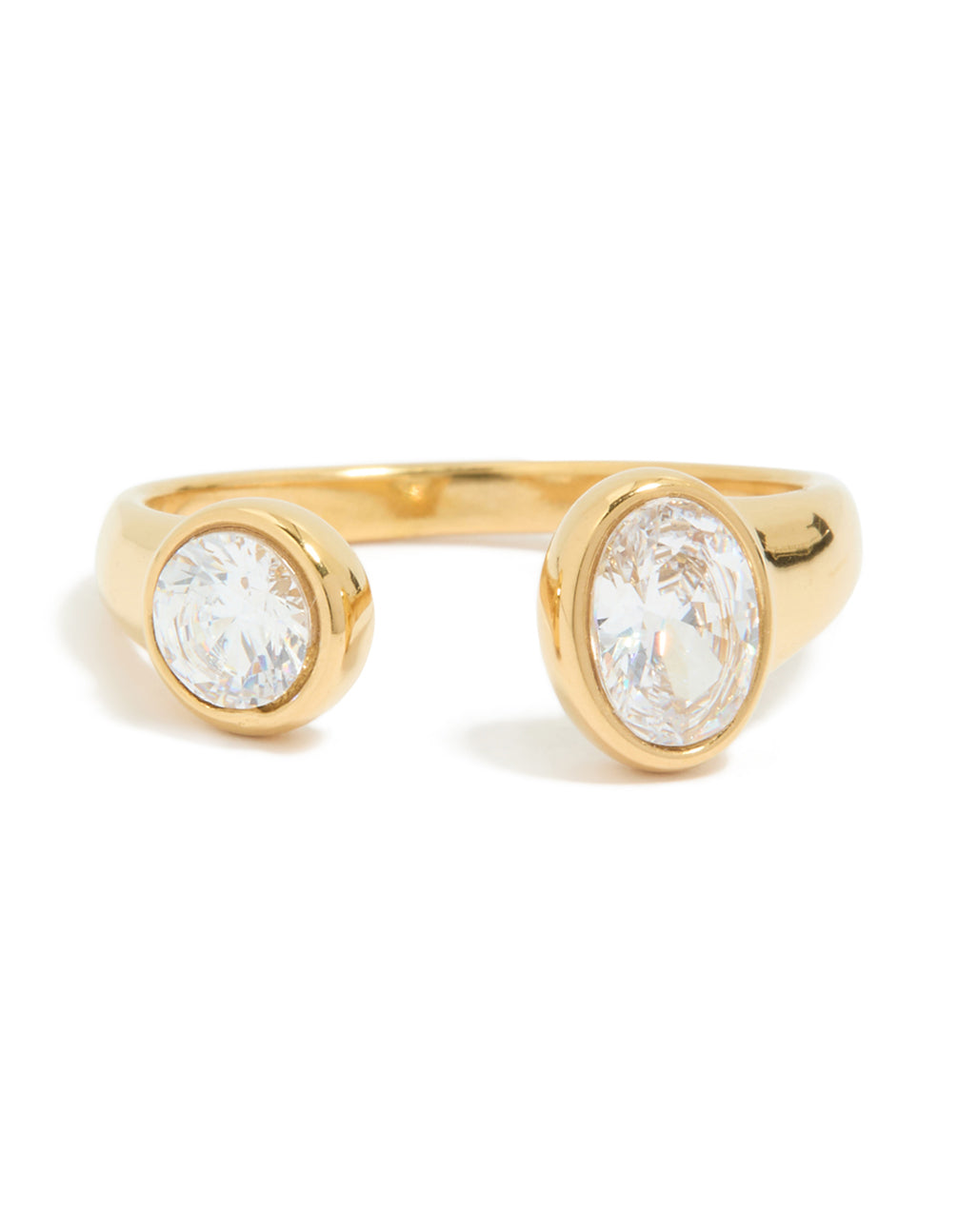 Presenting a waterproof gold plated stainless steel open ring with oval and round cubic zirconia close up view
