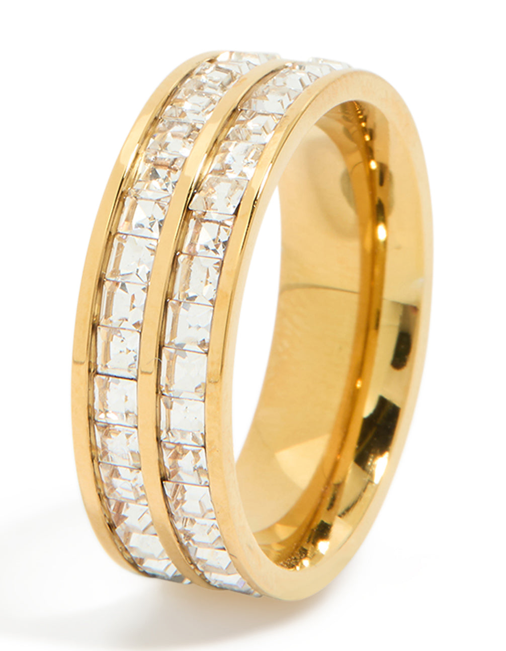 Exquisite waterproof gold plated stainless steel square cubic zirconia double layered ring featuring crystal in clear tone side detail view