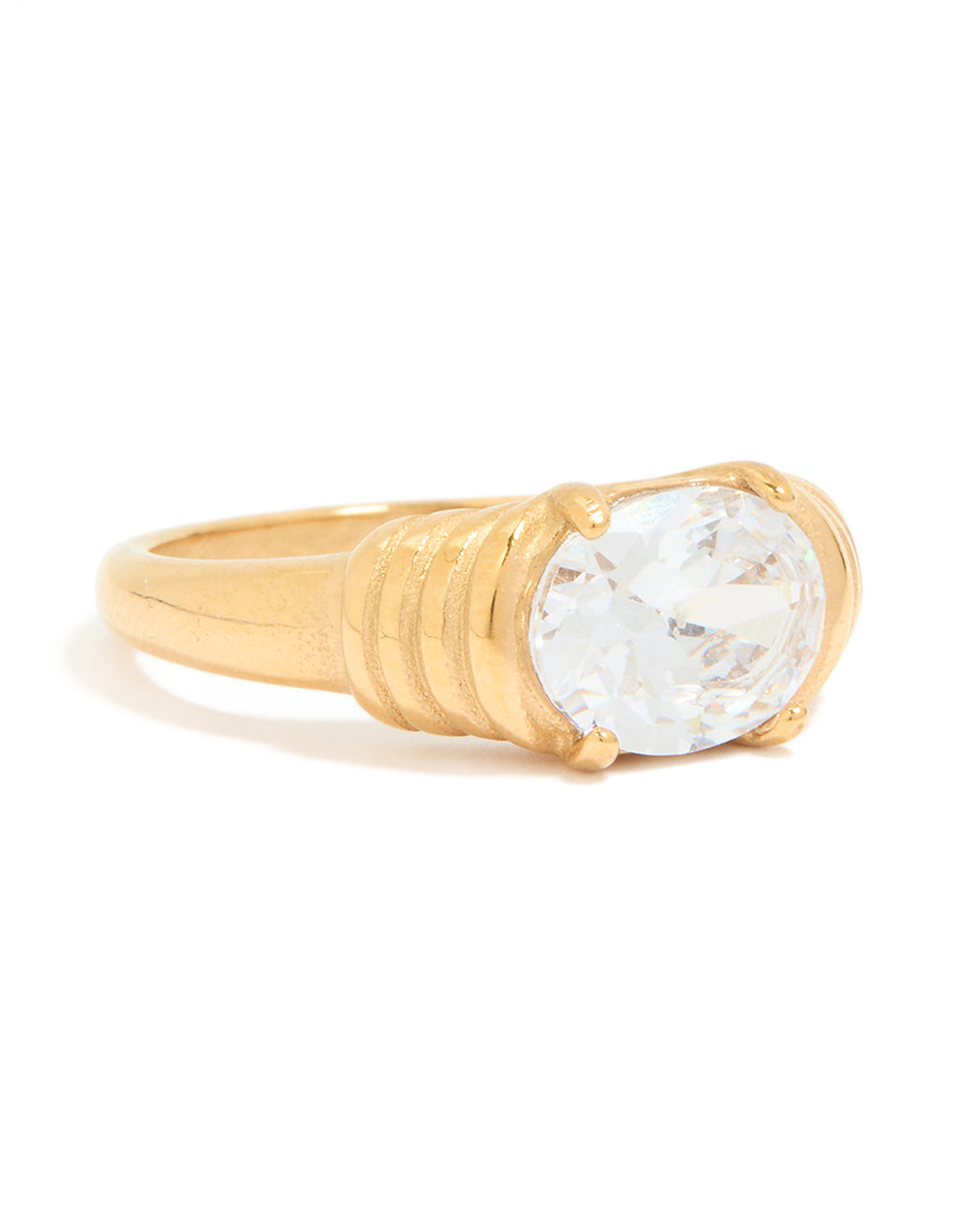 Elegant waterproof gold plated stainless steel ring featuring oval cubic zirconia crystal with ribbed band front view