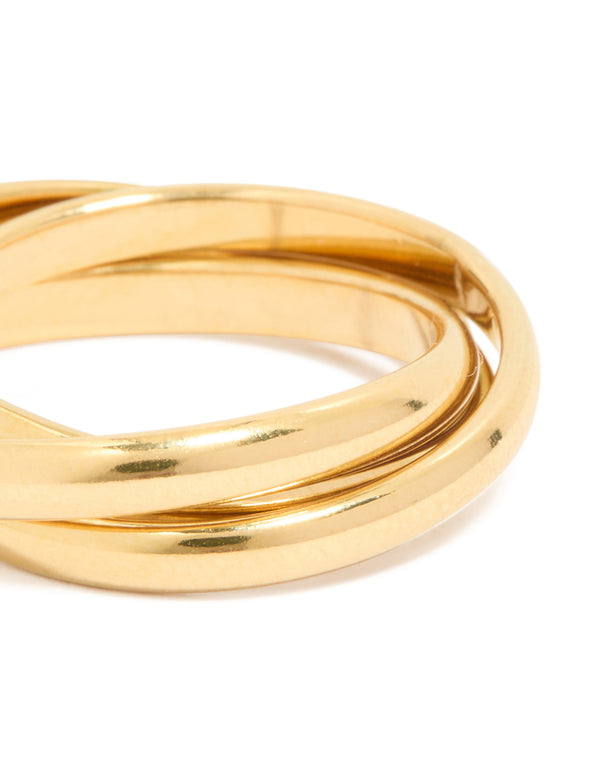 Highlighting this waterproof gold plated stainless steel locked trio band layered ring close up view