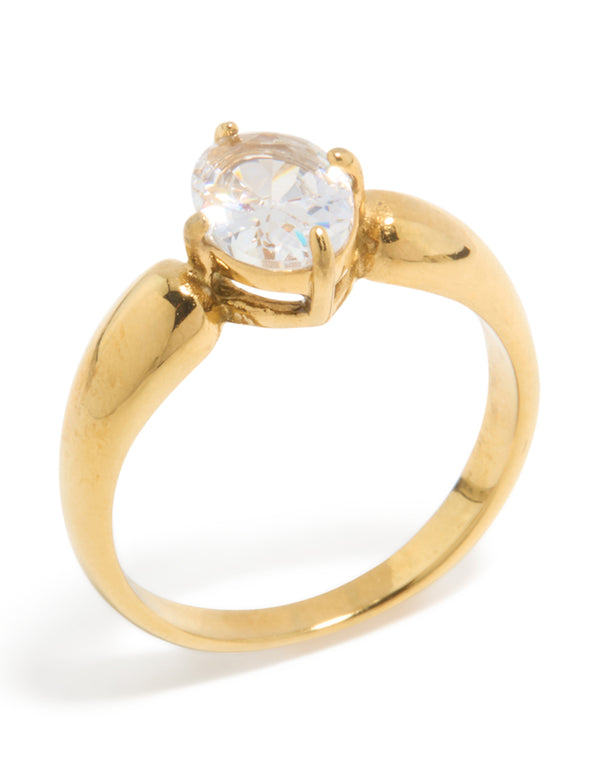 Designed with waterproof thick gold plated stainless steel and cubic zirconia in an oval cut, statement ring side detail view
