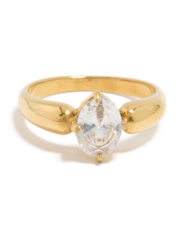 Waterproof thick gold plated stainless steel ring with cubic zirconia in an oval cut, statement style close up view