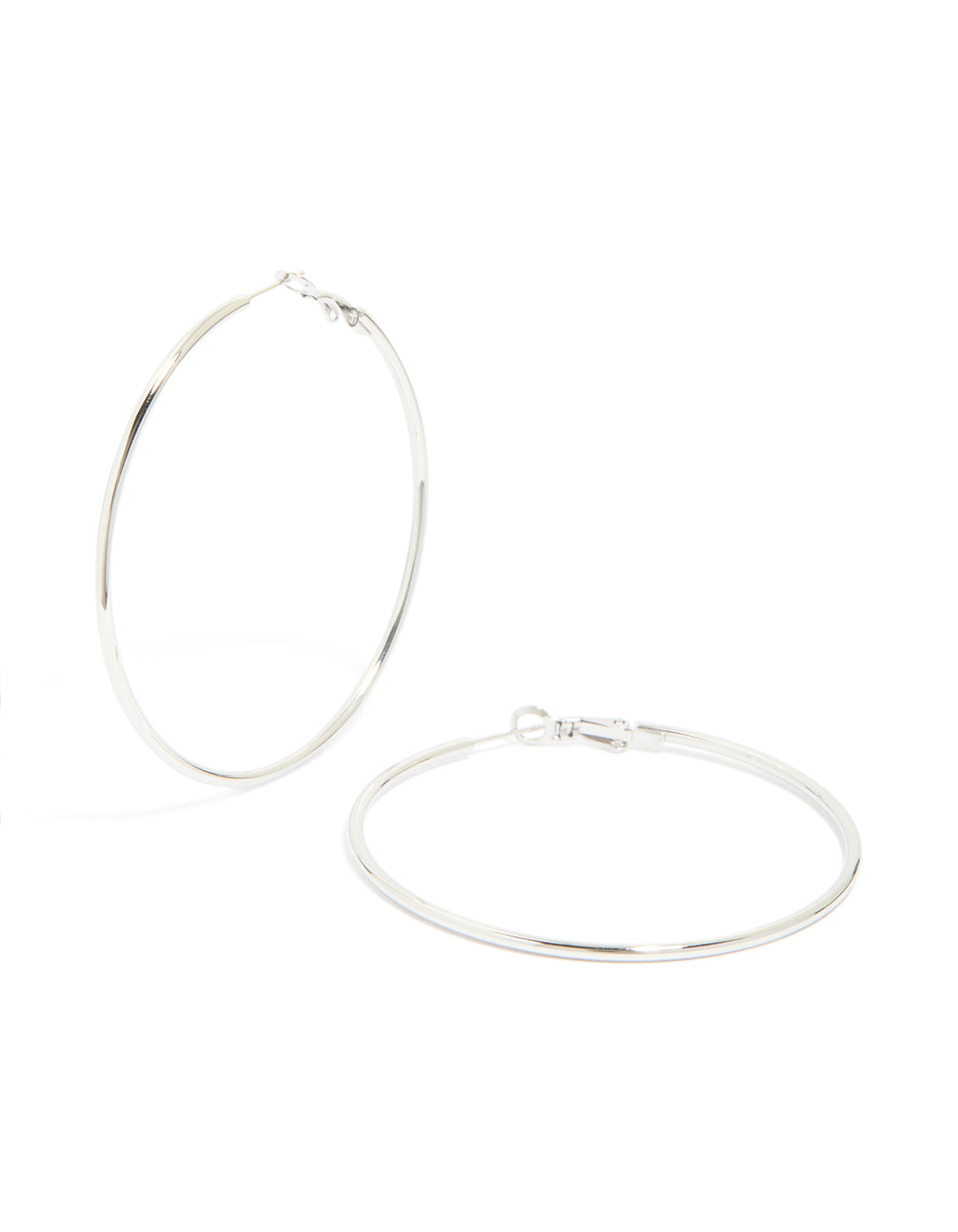 Showcasing waterproof stainless steel hoop earrings in silver, 55 MM front view