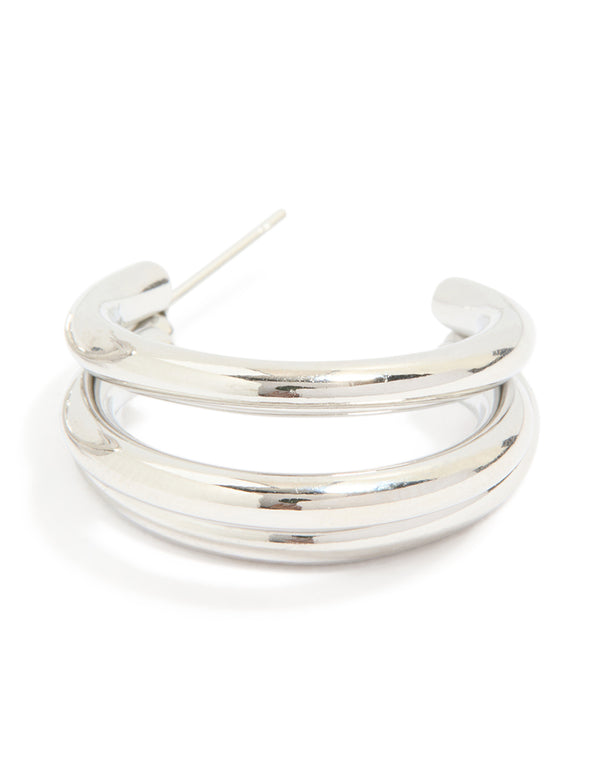 Highlighting waterproof stainless steel triple prong hoop earrings in silver post detail view