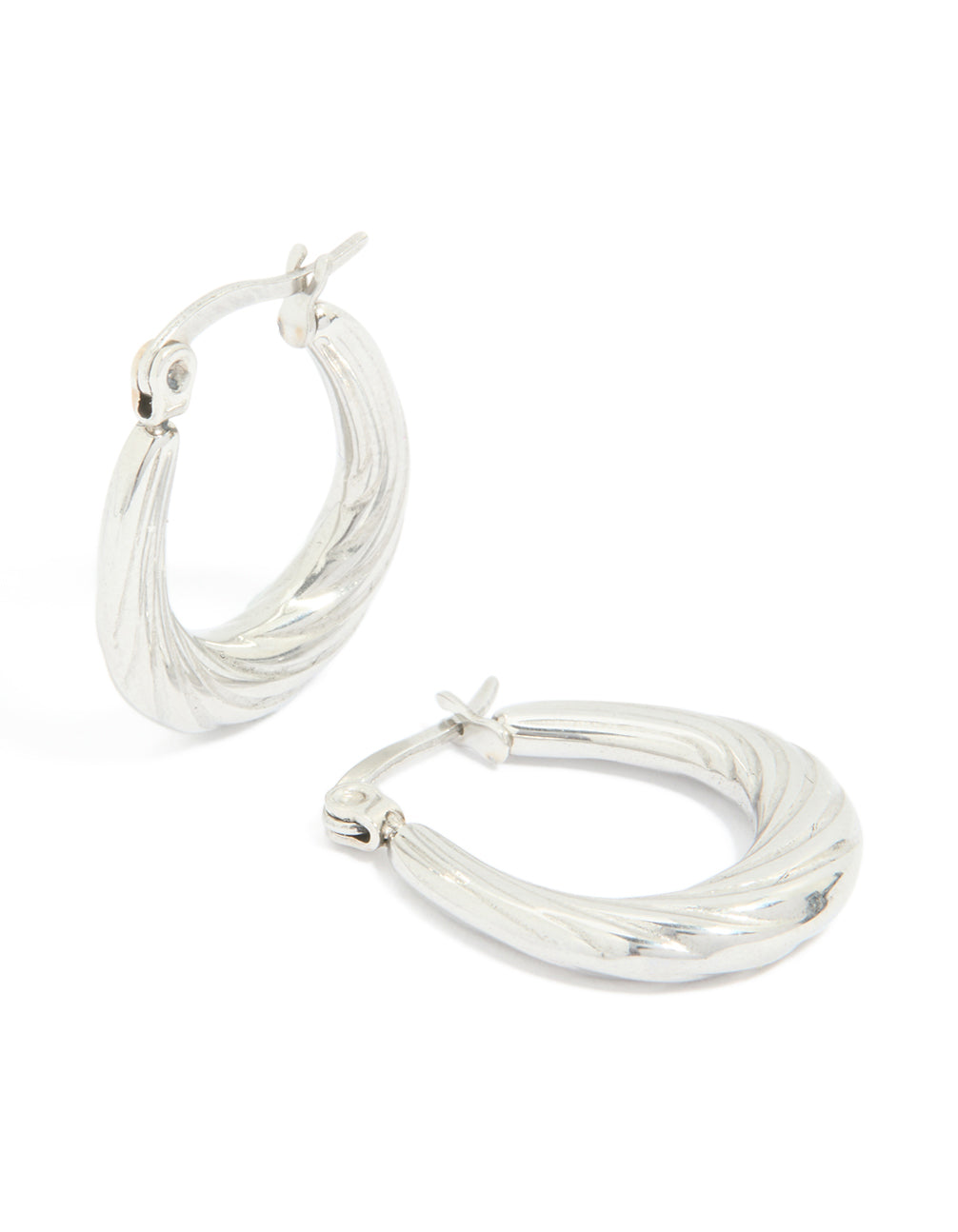 Discover waterproof textured stainless steel oval hoop earrings in silver front view