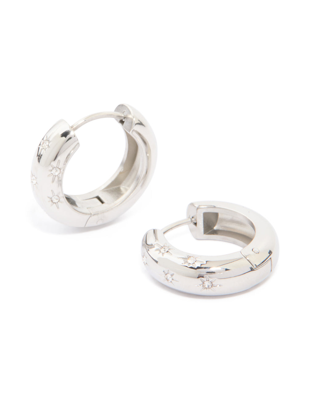 Explore waterproof stainless steel cubic zirconia star hanging hoop earrings featuring celestial motifs front view