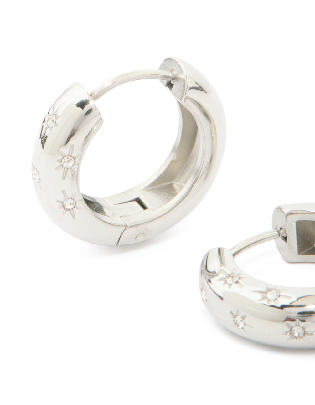 Discover waterproof stainless steel cubic zirconia star hanging hoop earrings in celestial style close up view