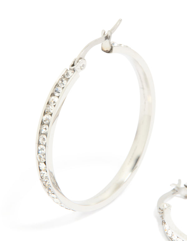 Highlighting waterproof stainless steel diamante hoop earrings in silver 35 MM close up view