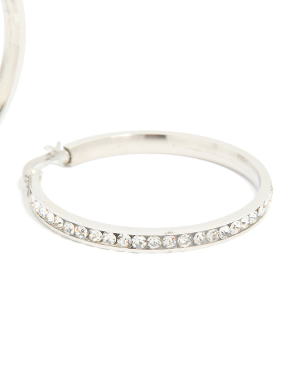 Displaying waterproof stainless steel diamante hoop earrings in silver 35 MM post detail view