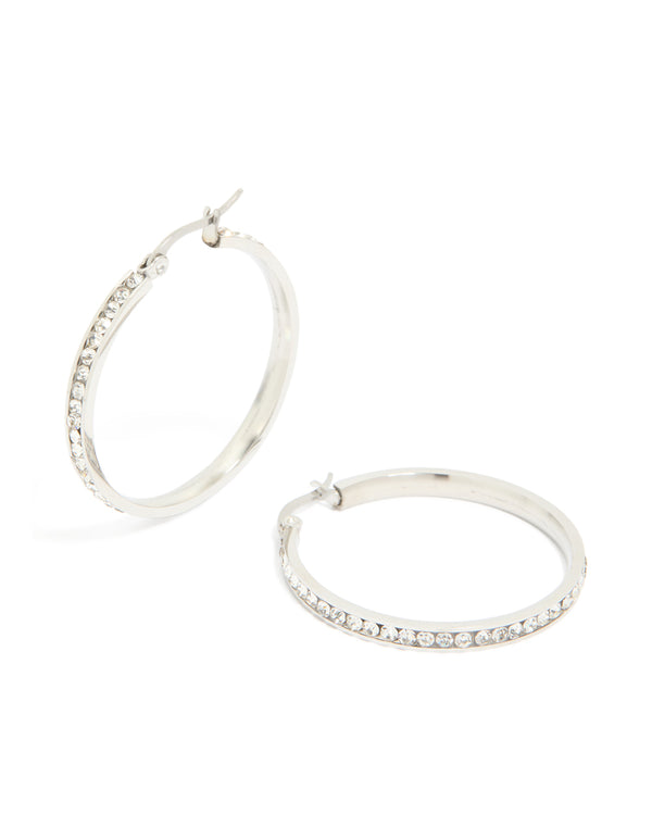 Showcasing waterproof stainless steel diamante hoop earrings in silver 35 MM front view