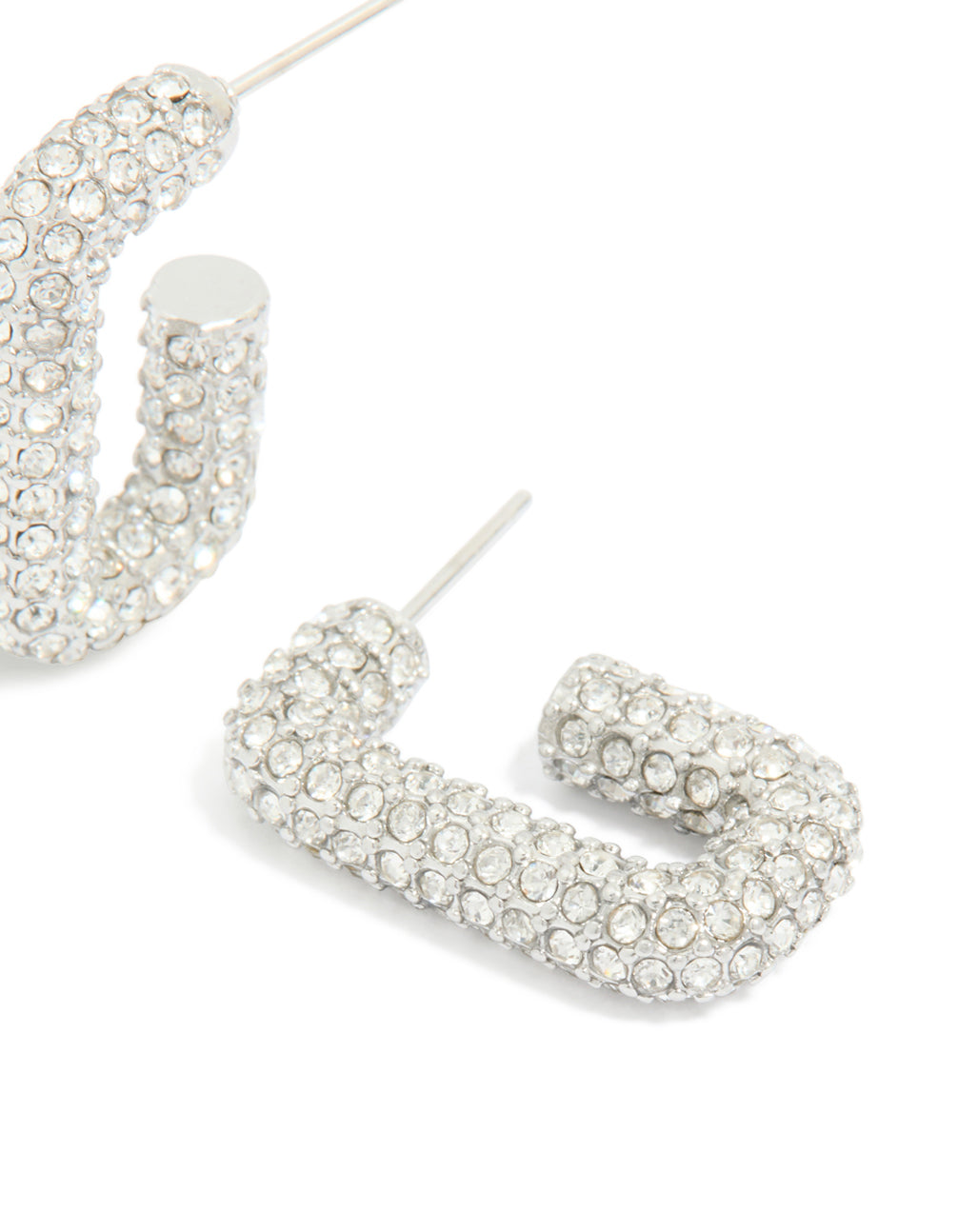 Designed with waterproof stainless steel cubic zirconia pavé rectangle hoop earrings in silver post detail view