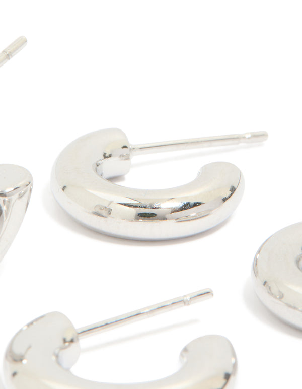 Highlighting waterproof stainless steel multi-sized hoop earrings in a 3-pack with silver color post detail view