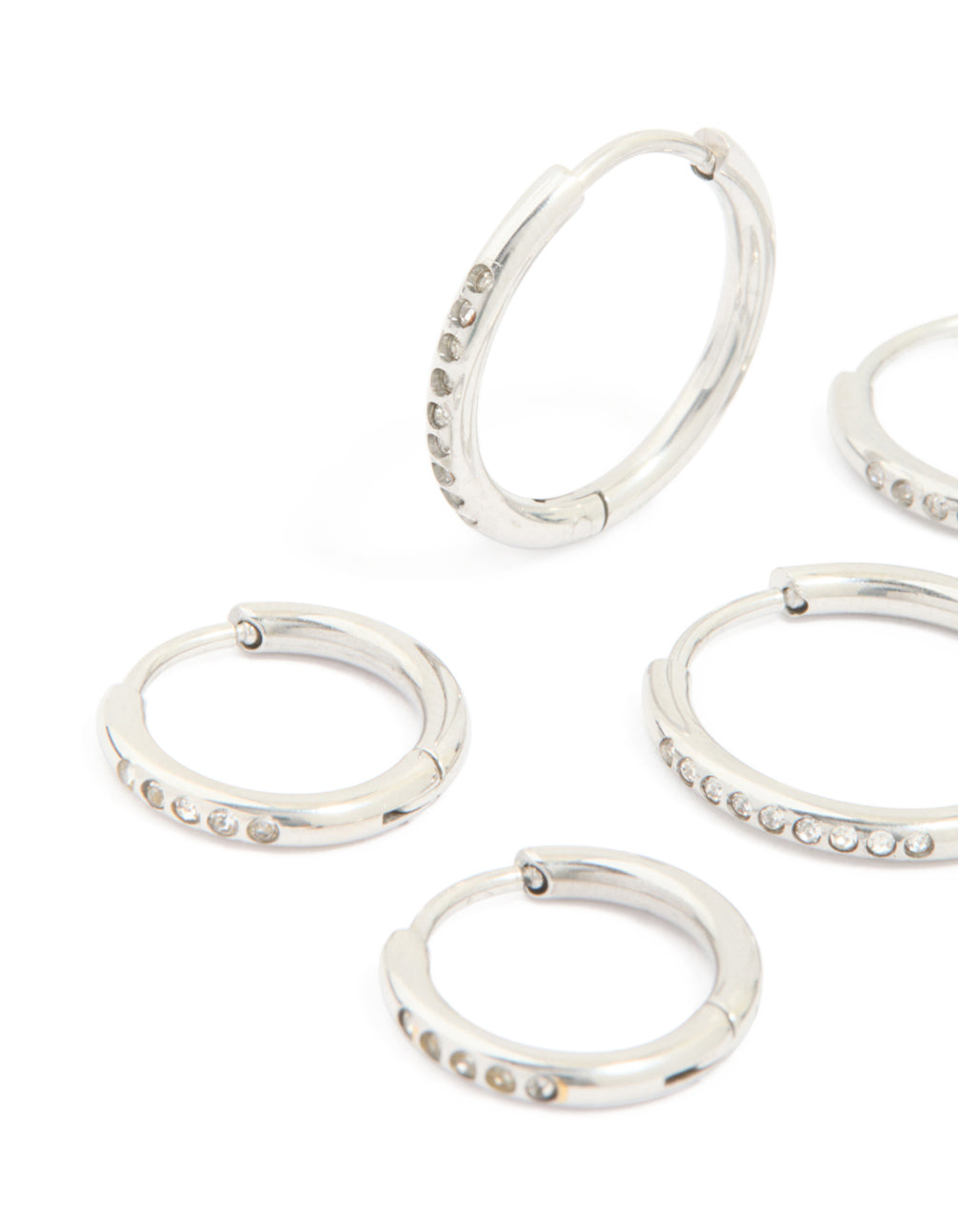 Highlighting waterproof stainless steel cubic zirconia clicker hoop earring pack in silver close up view