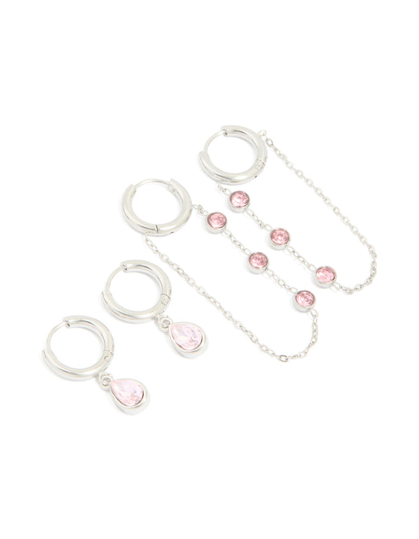 Featuring waterproof stainless steel pink cubic zirconia chain droplet and classic huggie earrings 2-pack in silver and light pink tones front view