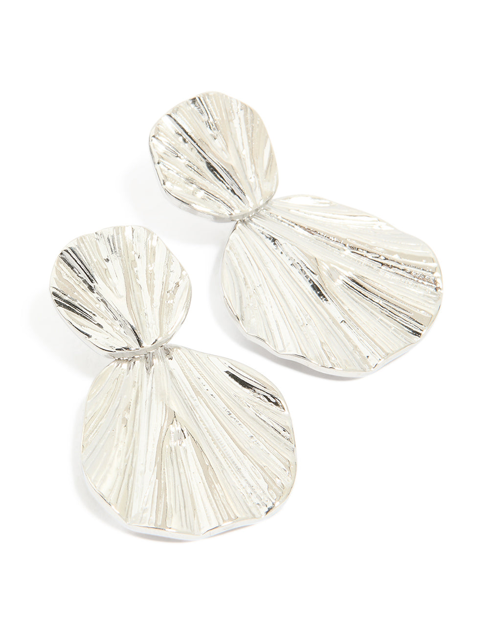 Discover statement waterproof stainless steel double textured drop earrings in silver front view