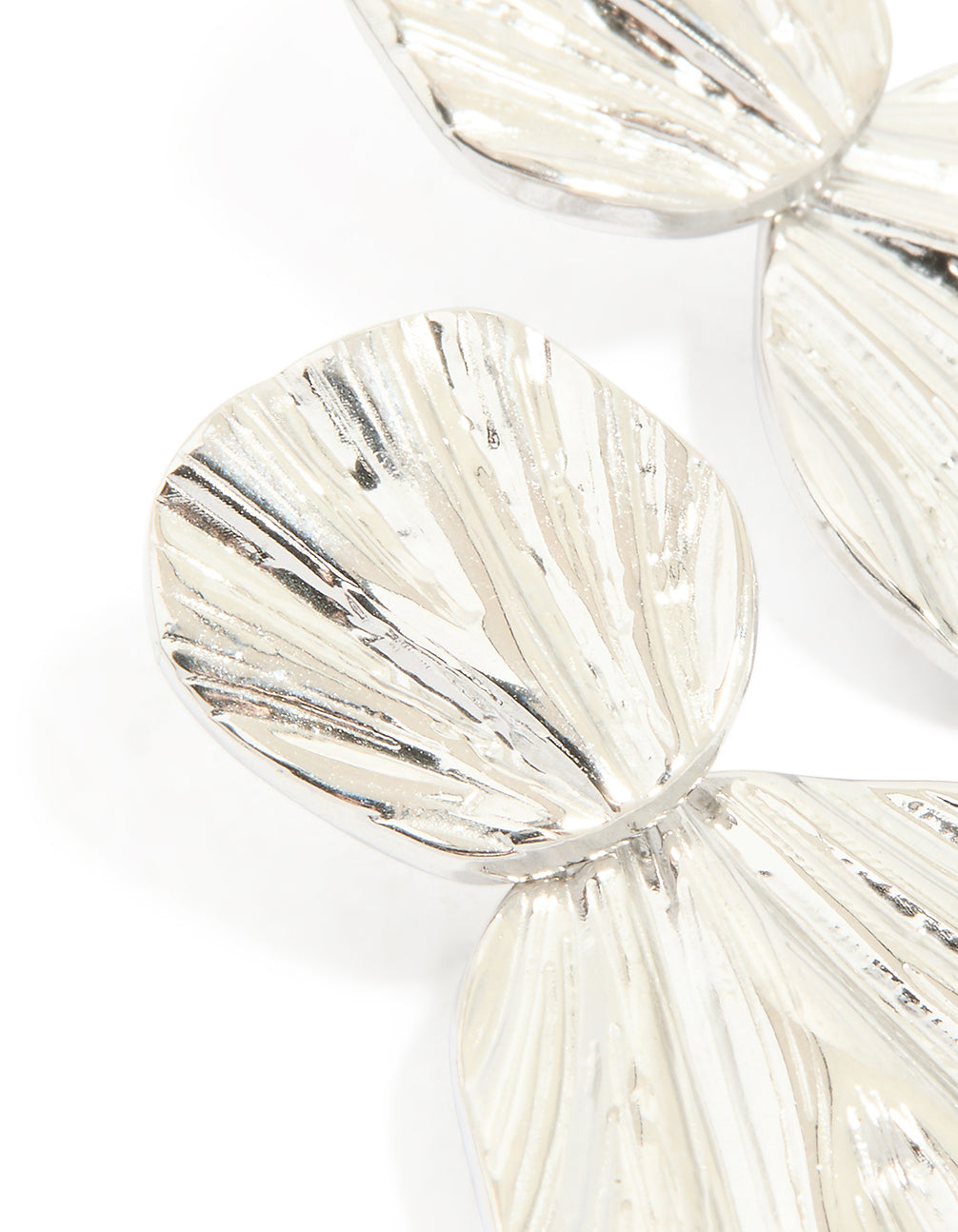 Featuring statement waterproof stainless steel double textured drop earrings in silver close up view