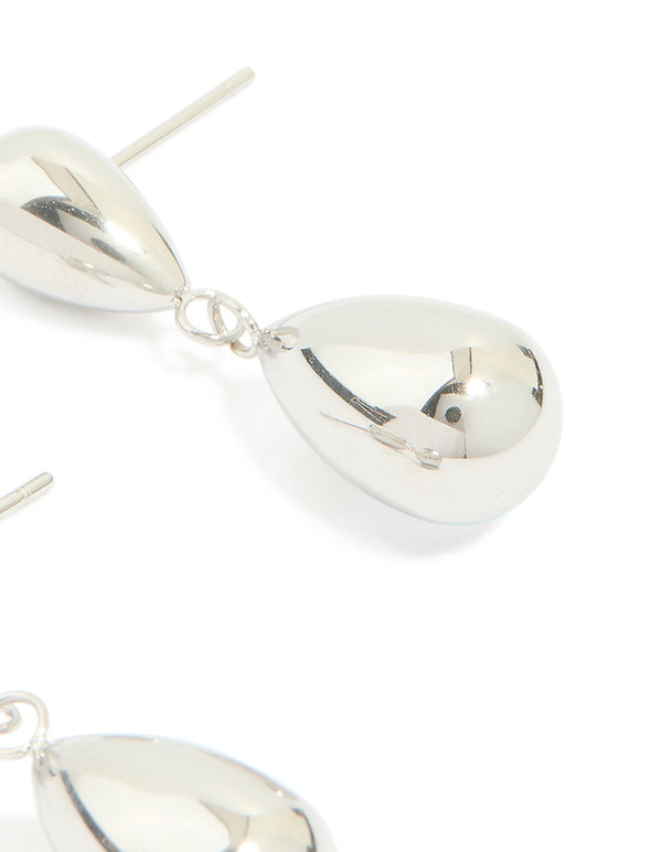 Highlighting waterproof stainless steel pear double drop earrings in silver post detail view