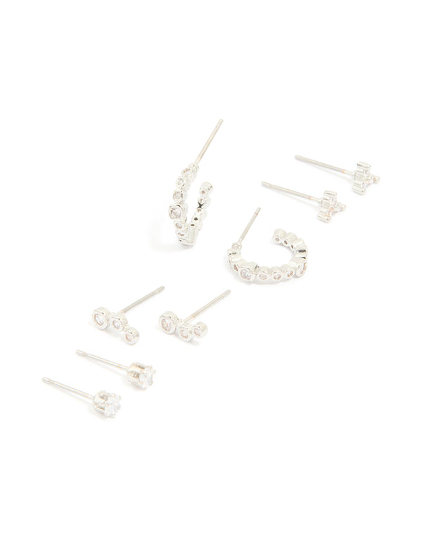 Showcasing waterproof stainless steel diamante stacking earrings in a 4-pack with silver finish front view