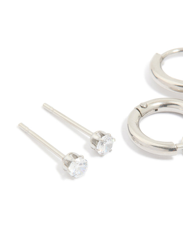 Featuring statement waterproof stainless steel cubic zirconia stacking earrings in silver, 4-pack close up view