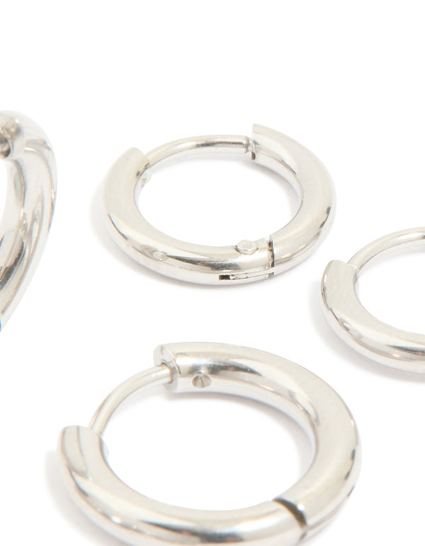 Explore statement waterproof stainless steel cubic zirconia stacking earrings in silver, 4-pack post detail view