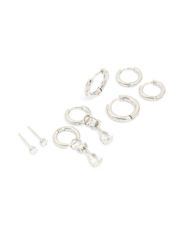 Discover statement waterproof stainless steel stacking earrings with cubic zirconia in silver, 4-pack front view