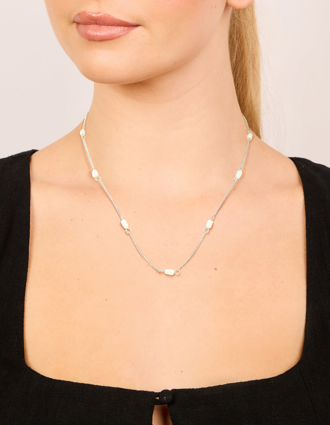 Waterproof Stainless Steel Pearl Station Necklace