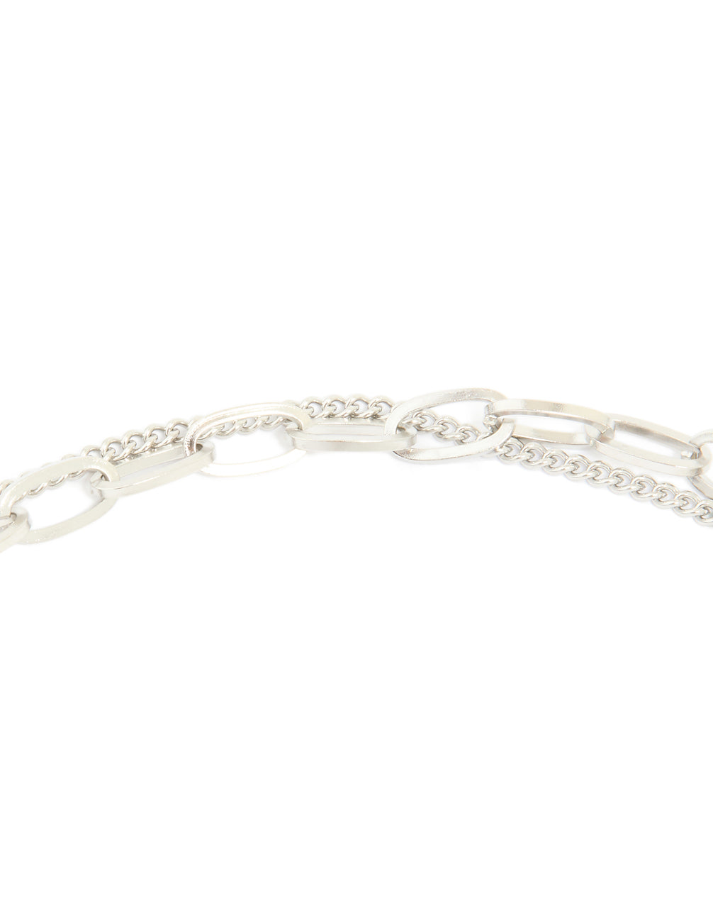 Showcasing waterproof stainless steel molten pendant and chain layered necklace in silver clasp detail view
