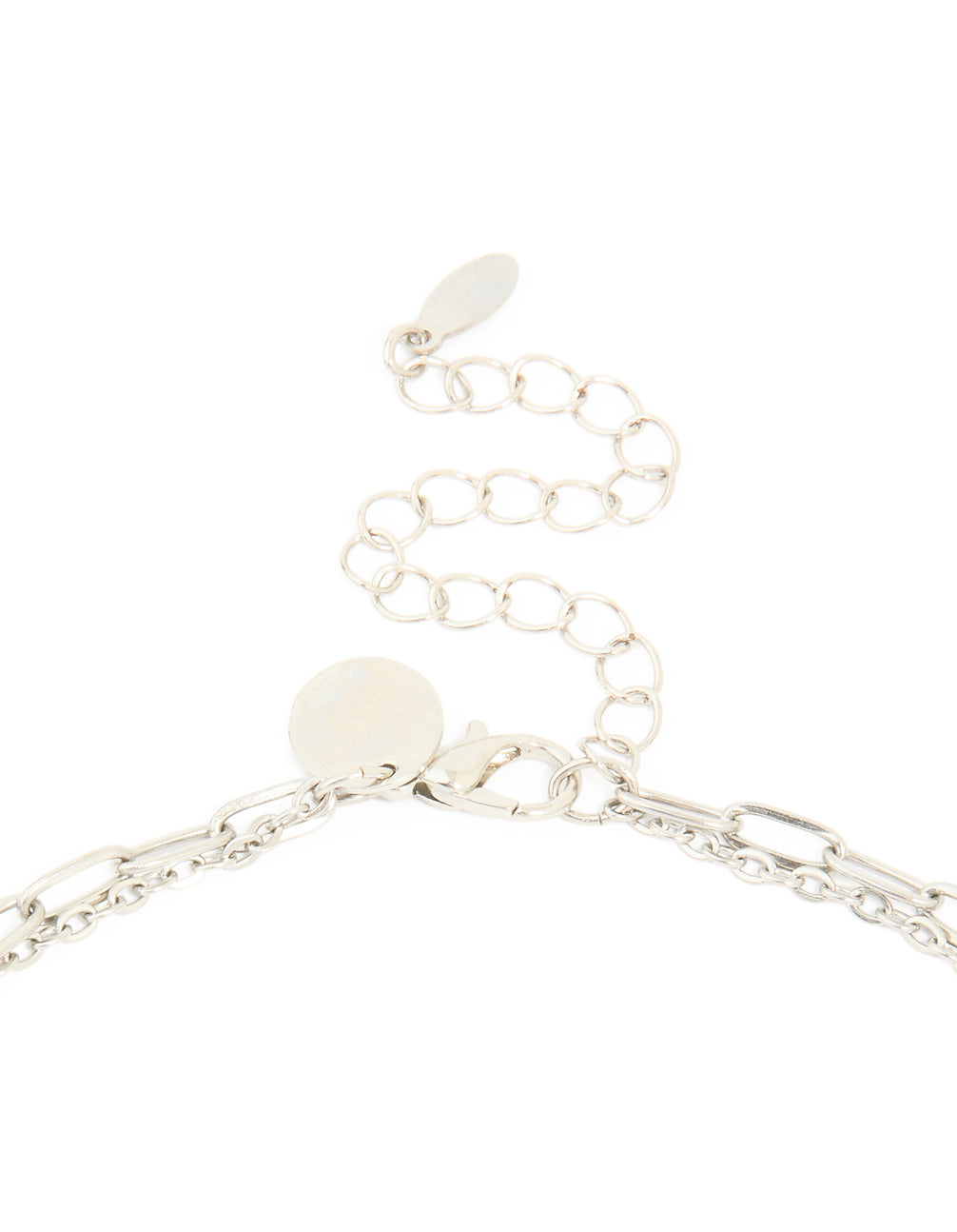 Showcasing waterproof stainless steel diamante and freshwater pearl chain layered necklace with in silver ivory clasp detail view