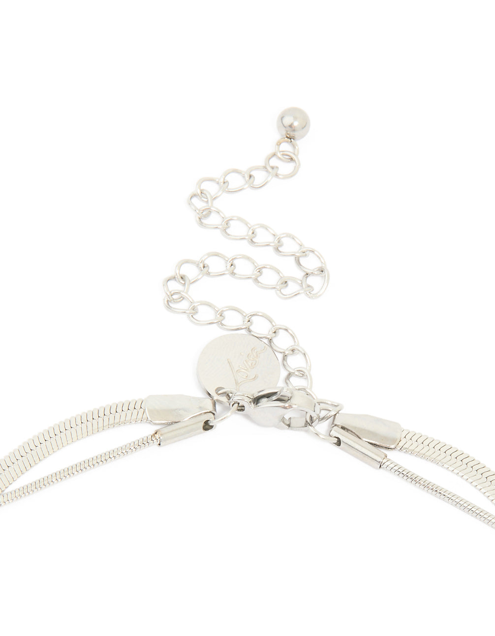 Showcasing a waterproof stainless steel chain and pebble layered necklace with pendant in silver clasp detail view