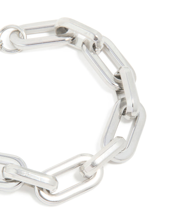 Crafted from waterproof stainless steel with large paperclip chain in silver and statement style close up view