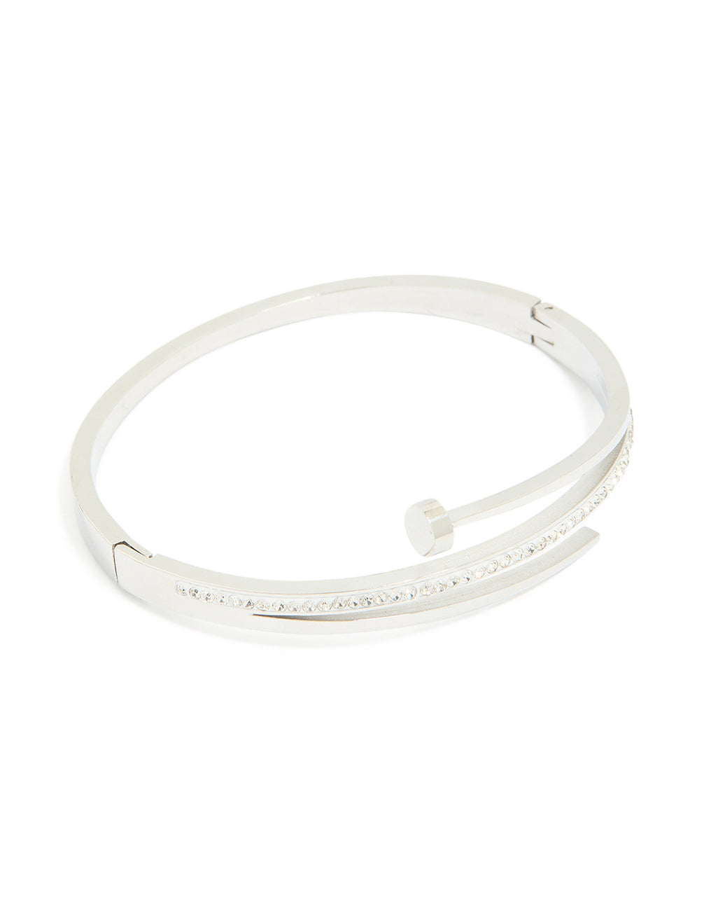 Showcasing a waterproof stainless steel cubic zirconia nail hinge bangle in silver with clear stones and statement styling front view