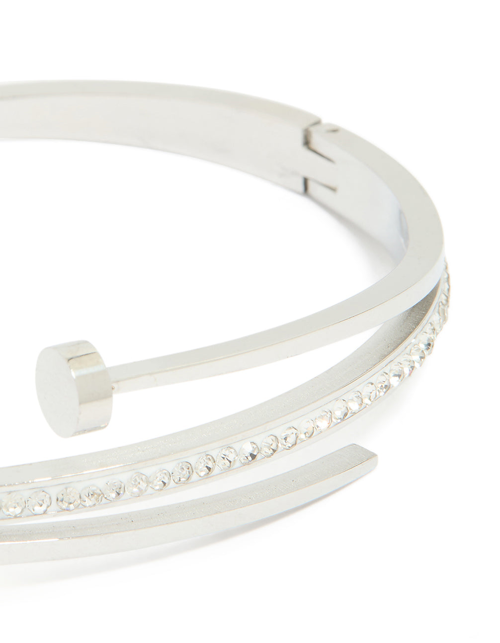 Highlighting waterproof stainless steel cubic zirconia nail hinge bangle in silver with clear stones and statement details close up view