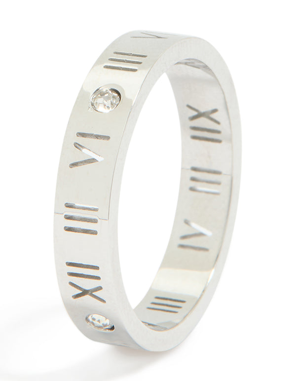 Designed with waterproof stainless steel featuring Roman numeral pattern and cubic zirconia in silver and clear stone side detail view