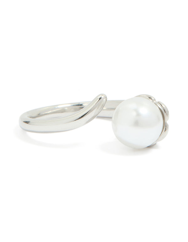Showcasing a waterproof stainless steel pearl open wrap around ring in silver and white front view