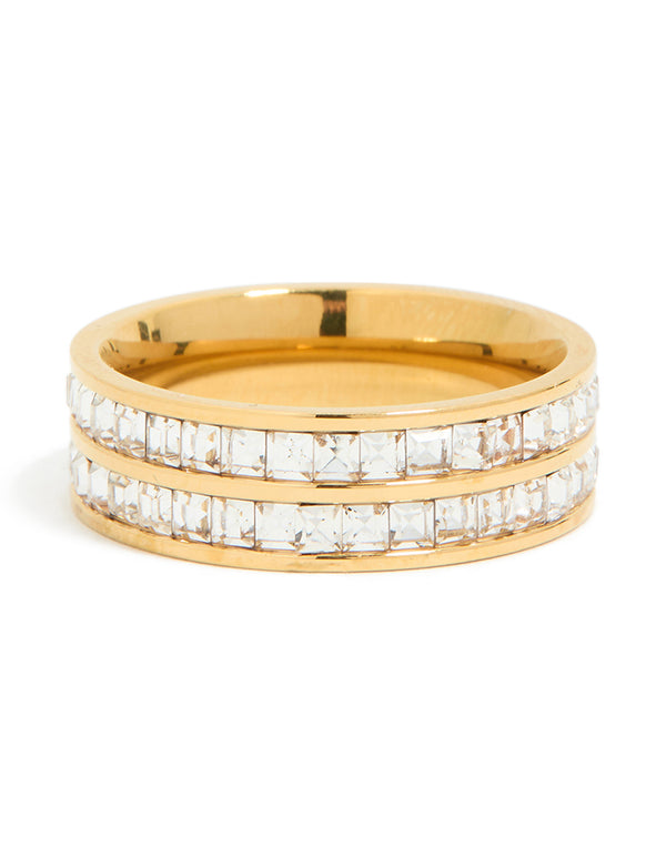 Waterproof Gold Plated Stainless Steel Square Cubic Zirconia Double Layered Ring