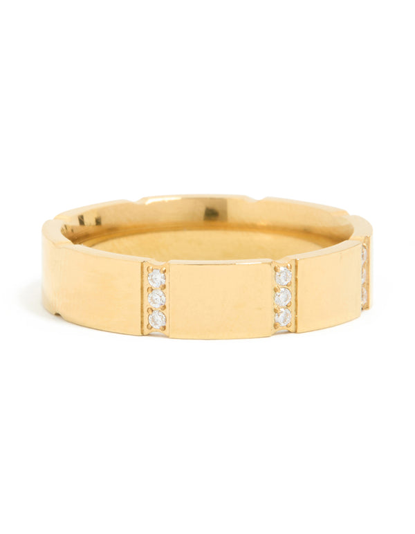 Featuring waterproof stainless steel trio stripe ring in gold plated finish with cubic zirconia front view
