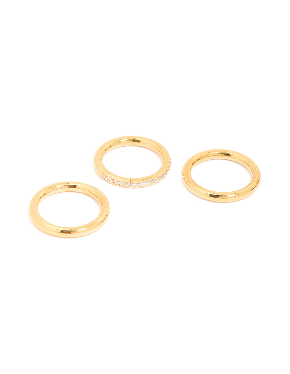 Showcasing waterproof gold plated stainless steel cubic zirconia band and smooth rings in a 3-pack with statement style front view
