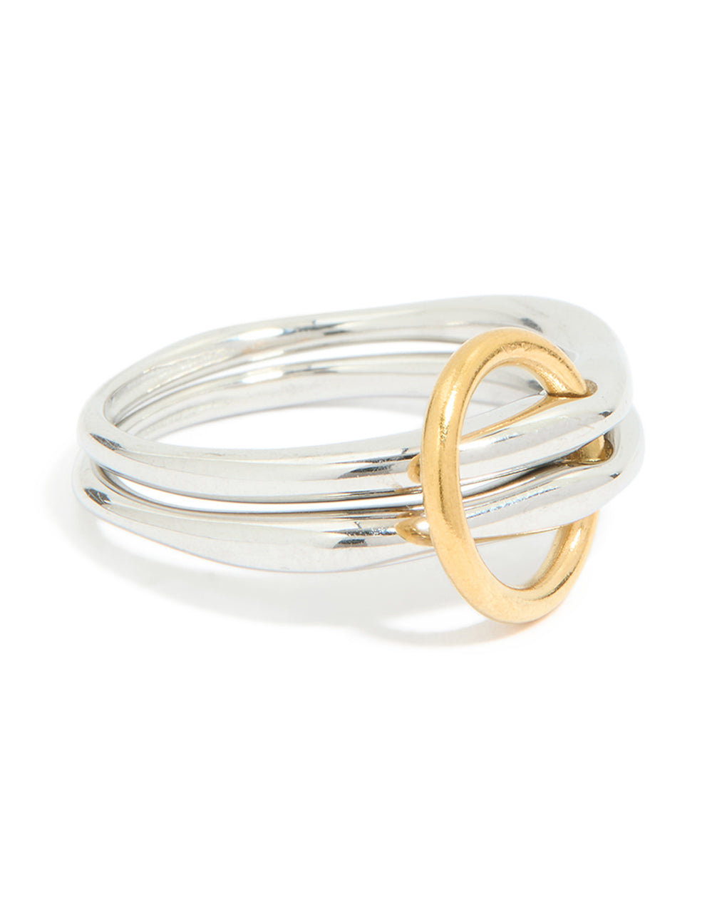 Showcasing a mixed metal stacked ring crafted from waterproof stainless steel featuring silver and gold interlocking bands with chunky styling front view