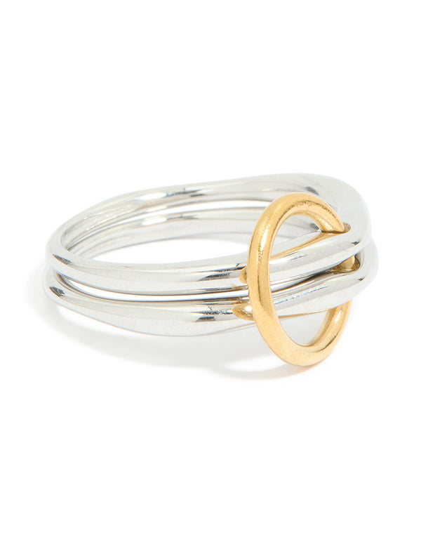Showcasing a mixed metal stacked ring crafted from waterproof stainless steel featuring silver and gold interlocking bands with chunky styling front view