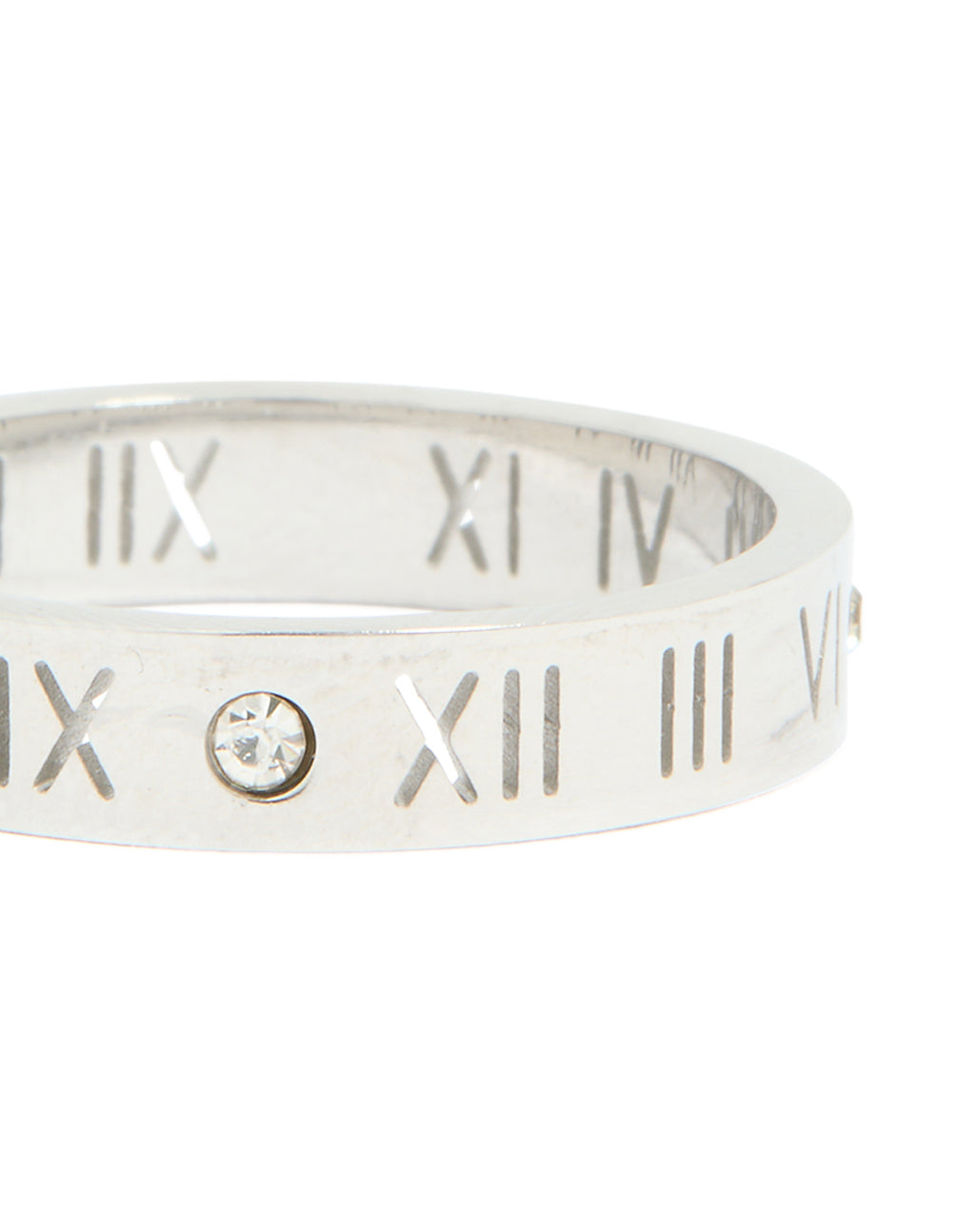 Finely detailed waterproof stainless steel cubic zirconia roman numeral ring in silver and clear stone close up view
