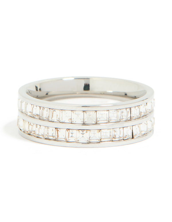 Elegantly crafted waterproof stainless steel square cubic zirconia double layered ring in silver and clear stone front view