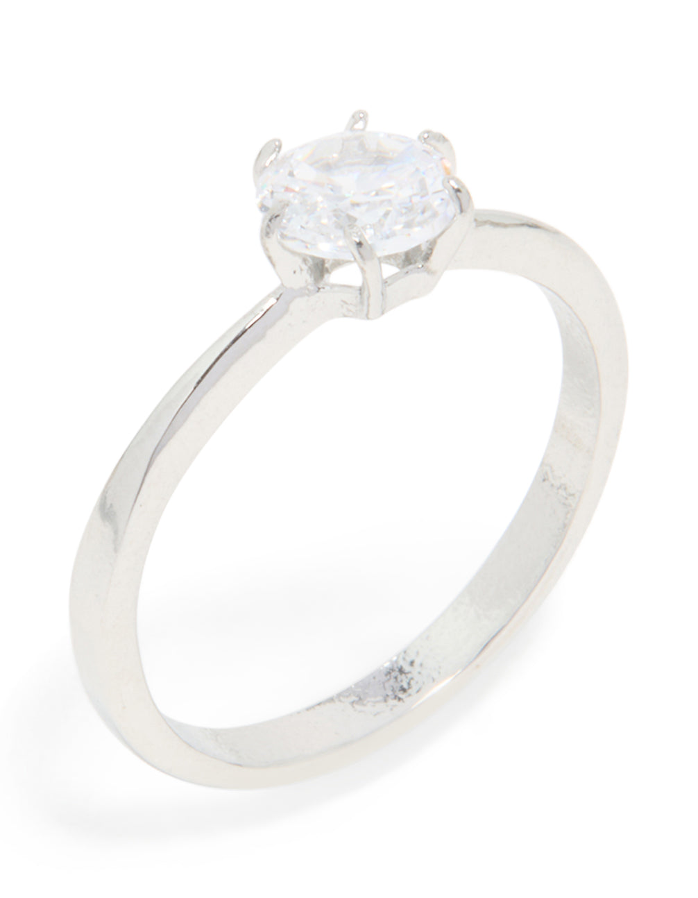 Featuring waterproof stainless steel construction, this diamante solitaire band ring in silver and clear stone with statement styling front view