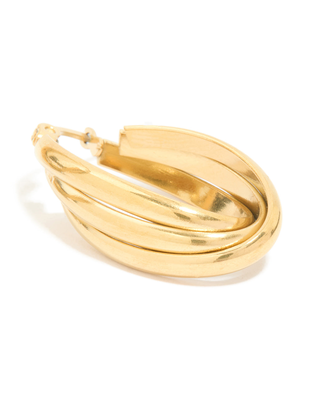 Displaying the secure closure mechanism and interior construction of waterproof gold plated stainless steel layered huggie earrings post detail view
