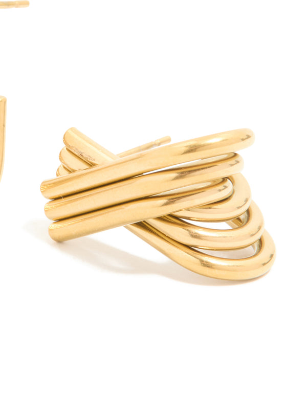 Presenting waterproof gold plated stainless steel long layered circle hoop earrings post detail view