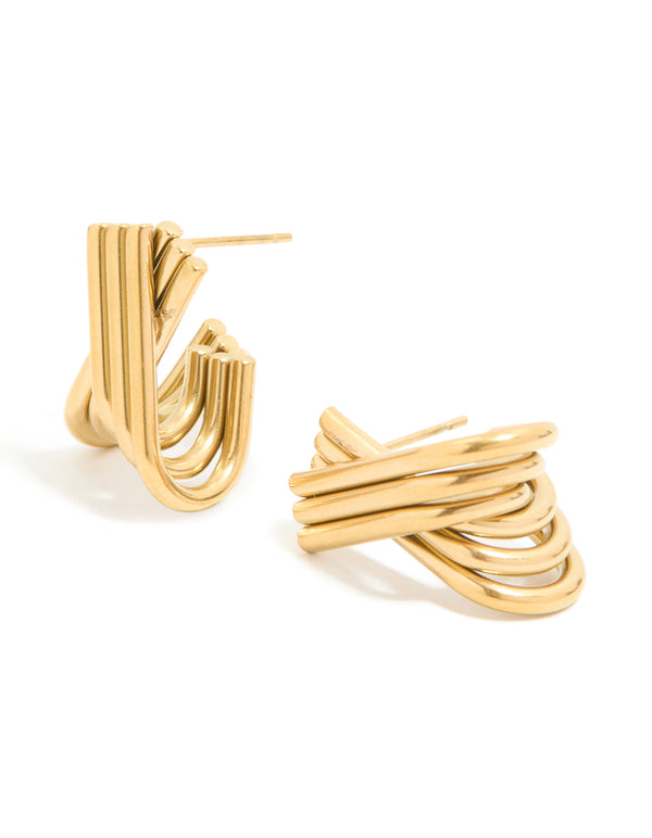 Featuring waterproof gold plated stainless steel long layered circle hoop earrings front view