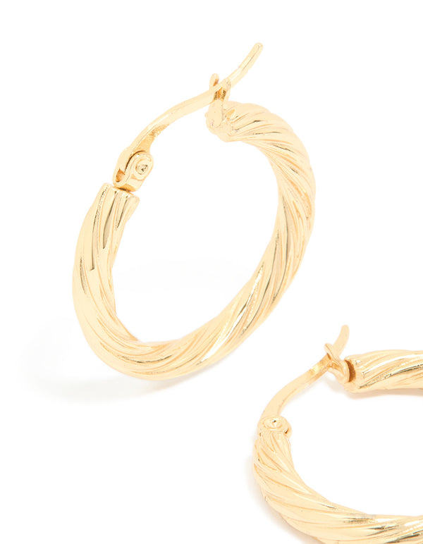 Designed with waterproof gold plated stainless steel twisted medium hoop earrings close up view